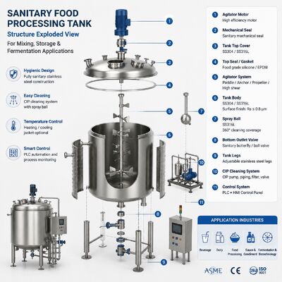 SS316L Sanitär-Mischbehälter mit Rührer für die Lebensmittel- und Getränkeproduktion/SS316L Sanitär-Fermentationsbehälter für die Lebensmittel- und Getränkeproduktion